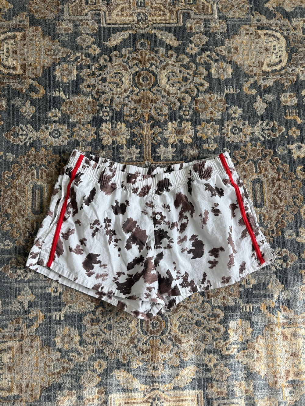 Zoe + Liv White Cowprint Sleep Shorts with Brown Spots and Red Trim